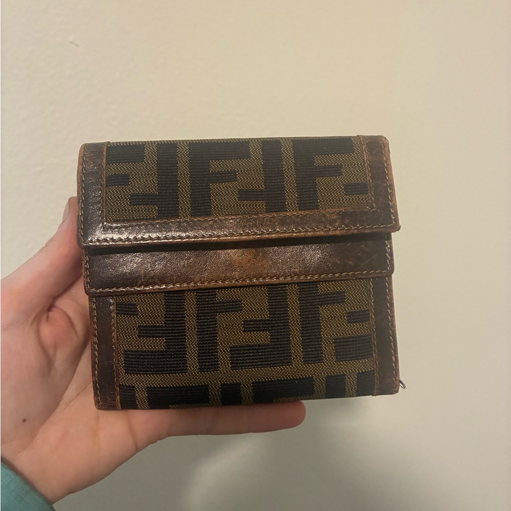 Fendi Brown Tan and Black Canvas Logo Leather Tri-Fold Wallet Italy